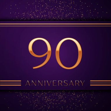 Gerçekçi doksan yıl yıldönümü kutlamaları tasarım afiş. Altın sayı ve mor zemin üzerine konfeti. Doğum günü partin için renkli vektör şablon öğeleri