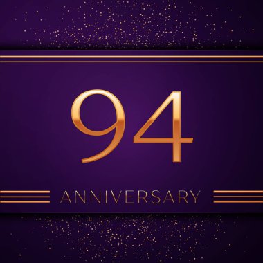 Gerçekçi doksan dört yıl yıldönümü kutlamaları tasarım afiş. Altın sayı ve mor zemin üzerine konfeti. Doğum günü partin için renkli vektör şablon öğeleri