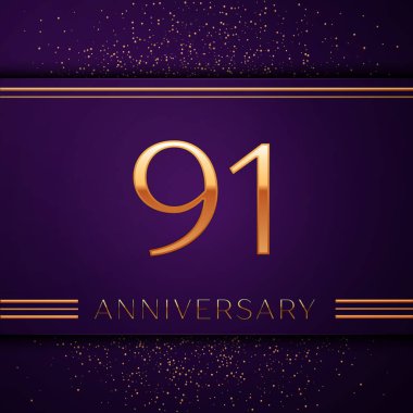 Gerçekçi doksan bir yıl yıldönümü kutlamaları tasarım afiş. Altın sayı ve mor zemin üzerine konfeti. Doğum günü partin için renkli vektör şablon öğeleri
