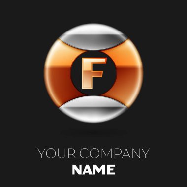 Gerçekçi altın harf F logo sembol siyah arka plan üzerine gümüş-altın renkli daire şeklinde. Tasarımınız için vektör şablonu