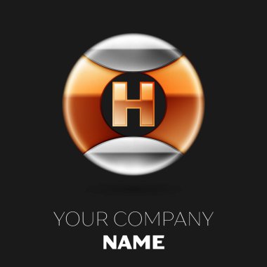Gerçekçi altın H harfi logo sembol siyah arka plan üzerine gümüş-altın renkli daire şeklinde. Tasarımınız için vektör şablonu