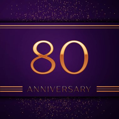 Gerçekçi seksen yıl yıldönümü kutlamaları tasarım afiş. Altın sayı ve mor zemin üzerine konfeti. Doğum günü partin için renkli vektör şablon öğeleri