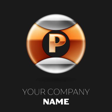 Gerçekçi altın harf P logo sembol siyah arka plan üzerine gümüş-altın renkli daire şeklinde. Tasarımınız için vektör şablonu