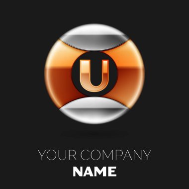 Gerçekçi altın harf U logo sembol siyah arka plan üzerine gümüş-altın renkli daire şeklinde. Tasarımınız için vektör şablonu