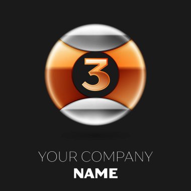 Gerçekçi altın üç numara logo sembol siyah arka plan üzerine gümüş-altın renkli daire şeklinde. Tasarımınız için vektör şablonu