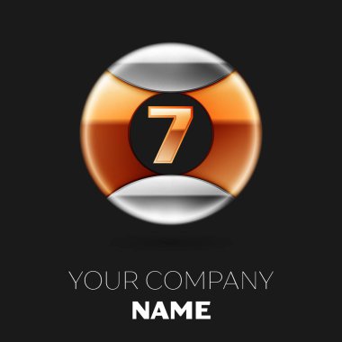Gerçekçi altın yedi numara logo sembol siyah arka plan üzerine gümüş-altın renkli daire şeklinde. Tasarımınız için vektör şablonu