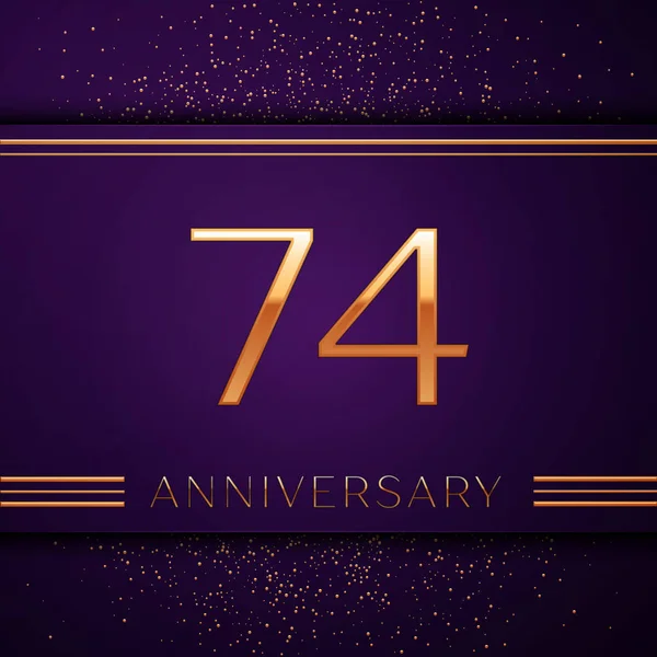 Realista setenta y cuatro años aniversario Banner de diseño de celebración. Número dorado y confeti sobre fondo púrpura. Coloridos elementos de plantilla Vector para su fiesta de cumpleaños — Vector de stock