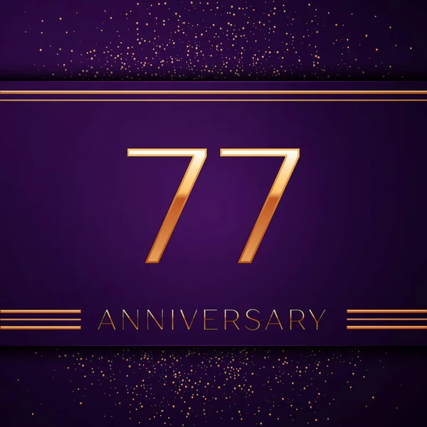 現実的な 70 7 年周年記念デザインのバナー。黄金の数と紫色の背景に紙吹雪。あなたの誕生日パーティーのためのカラフルなベクトル テンプレート要素 — ストックベクタ