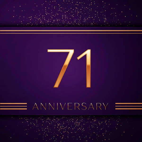 現実的な 70 1 年周年記念デザインのバナー。黄金の数と紫色の背景に紙吹雪。あなたの誕生日パーティーのためのカラフルなベクトル テンプレート要素 — ストックベクタ