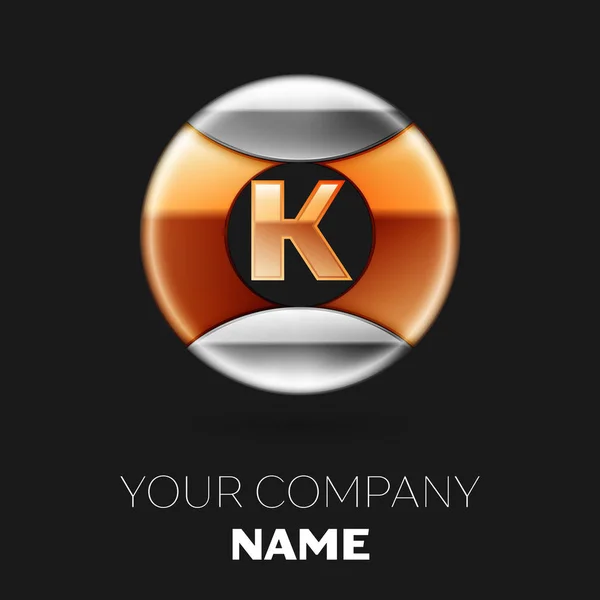 Reális arany levél K logo szimbólum az Ezüst-arany színes kör alakú, fekete háttér. A design vektor sablon — Stock Vector