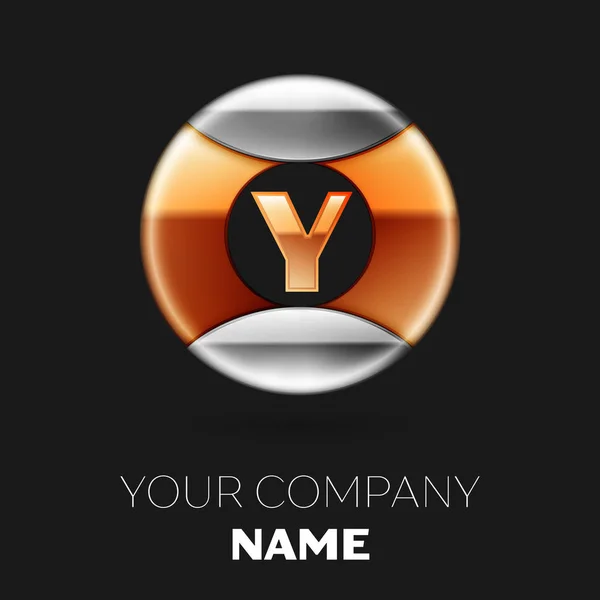 Reális arany levél Y logo szimbólum az Ezüst-arany színes kör alakú, fekete háttér. A design vektor sablon — Stock Vector