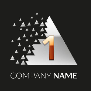 Gerçekçi altın bir logo sembol siyah arka plan üzerine parçalanmış bloklarla gümüş renkli piksel üçgen şeklinde. Tasarımınız için vektör şablonu