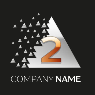 Gerçekçi altın iki numara logo sembol siyah arka plan üzerine parçalanmış bloklarla gümüş renkli piksel üçgen şeklinde. Tasarımınız için vektör şablonu