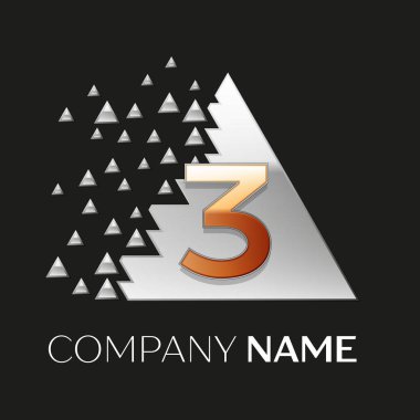 Gerçekçi altın üç numara logo sembol siyah arka plan üzerine parçalanmış bloklarla gümüş renkli piksel üçgen şeklinde. Tasarımınız için vektör şablonu