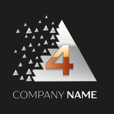 Gerçekçi altın sayı dört logo sembol siyah arka plan üzerine parçalanmış bloklarla gümüş renkli piksel üçgen şeklinde. Tasarımınız için vektör şablonu