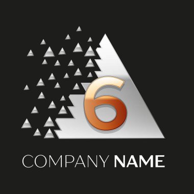 Gerçekçi altın altı numara logo sembol siyah arka plan üzerine parçalanmış bloklarla gümüş renkli piksel üçgen şeklinde. Tasarımınız için vektör şablonu