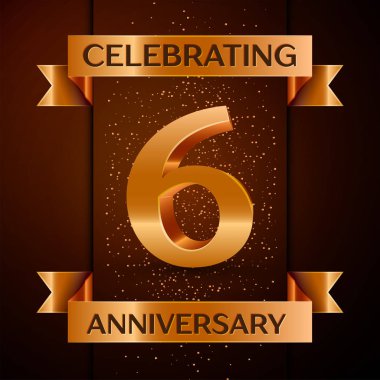 Gerçekçi altı yıl yıldönümü kutlamaları tasarım afiş. Altın sayı, konfeti ve şerit kahverengi zemin üzerinde. Doğum günü partin için renkli vektör şablon öğeleri