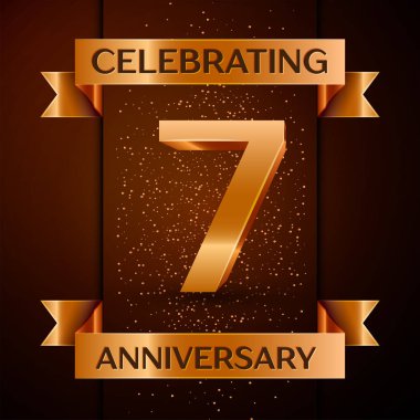 Gerçekçi yedi yıl yıldönümü kutlamaları tasarım afiş. Altın sayı, konfeti ve şerit kahverengi zemin üzerinde. Doğum günü partin için renkli vektör şablon öğeleri
