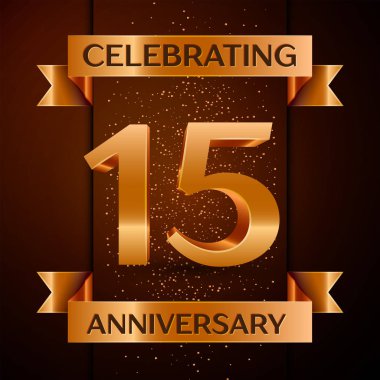 Gerçekçi on beş yıl yıldönümü kutlamaları tasarım afiş. Altın sayı, konfeti ve şerit kahverengi zemin üzerinde. Doğum günü partin için renkli vektör şablon öğeleri