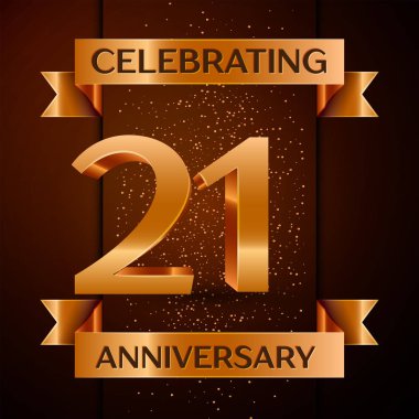 Gerçekçi yirmi bir yıl yıldönümü kutlamaları tasarım afiş. Altın sayı, konfeti ve şerit kahverengi zemin üzerinde. Doğum günü partin için renkli vektör şablon öğeleri