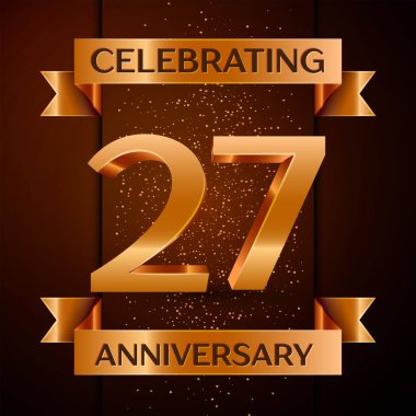 Gerçekçi yirmi yedi yıl yıldönümü kutlamaları tasarım afiş. Altın sayı, konfeti ve şerit kahverengi zemin üzerinde. Doğum günü partin için renkli vektör şablon öğeleri