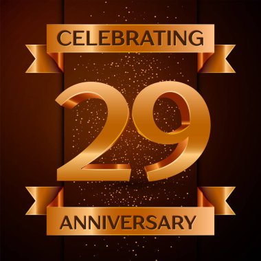 Gerçekçi yirmi dokuz yıl yıldönümü kutlamaları tasarım afiş. Altın sayı, konfeti ve şerit kahverengi zemin üzerinde. Doğum günü partin için renkli vektör şablon öğeleri