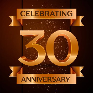 Gerçekçi otuz yıl yıldönümü kutlamaları tasarım afiş. Altın sayı, konfeti ve şerit kahverengi zemin üzerinde. Doğum günü partin için renkli vektör şablon öğeleri