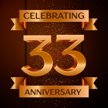 Gerçekçi otuz üç yıl yıldönümü kutlamaları tasarım afiş. Altın sayı, konfeti ve şerit kahverengi zemin üzerinde. Doğum günü partin için renkli vektör şablon öğeleri