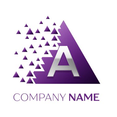 Gerçekçi gümüş harf logo sembol ile mor renkli piksel üçgen şeklinde bloklar beyaz arka plan üzerinde paramparça. Tasarımınız için vektör şablonu