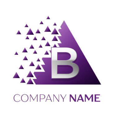 Gerçekçi gümüş mektup B logo simgesi beyaz arka plan üzerinde paramparça bloklarla mor renkli piksel üçgen şeklinde. Tasarımınız için vektör şablonu