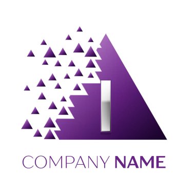 Gerçekçi gümüş harf ı logo sembolü beyaz arka plan üzerinde paramparça bloklarla mor renkli piksel üçgen şeklinde. Tasarımınız için vektör şablonu