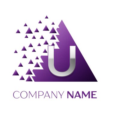 Gerçekçi gümüş harf U logo simgesi beyaz arka plan üzerinde paramparça bloklarla mor renkli piksel üçgen şeklinde. Tasarımınız için vektör şablonu