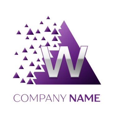 Gerçekçi gümüş harf W logo simgesi beyaz arka plan üzerinde paramparça bloklarla mor renkli piksel üçgen şeklinde. Tasarımınız için vektör şablonu
