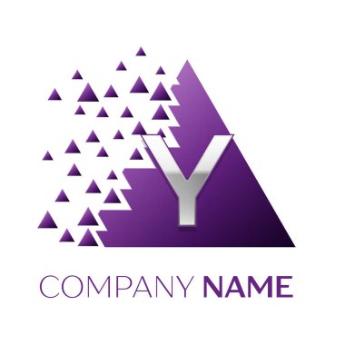 Gerçekçi gümüş harf Y logo simgesi beyaz arka plan üzerinde paramparça bloklarla mor renkli piksel üçgen şeklinde. Tasarımınız için vektör şablonu