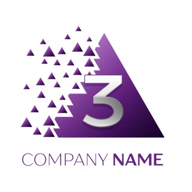 Gerçekçi üç numara gümüş logosu simgesi beyaz arka plan üzerinde paramparça bloklarla mor renkli piksel üçgen şeklinde. Tasarımınız için vektör şablonu