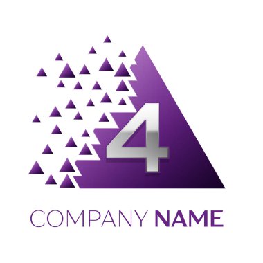 Gerçekçi dört numara gümüş logosu simgesi beyaz arka plan üzerinde paramparça bloklarla mor renkli piksel üçgen şeklinde. Tasarımınız için vektör şablonu