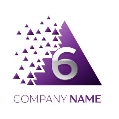 Gerçekçi altı numara gümüş logosu simgesi beyaz arka plan üzerinde paramparça bloklarla mor renkli piksel üçgen şeklinde. Tasarımınız için vektör şablonu