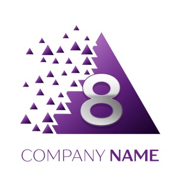 Gerçekçi sekiz numara gümüş logosu simgesi beyaz arka plan üzerinde paramparça bloklarla mor renkli piksel üçgen şeklinde. Tasarımınız için vektör şablonu