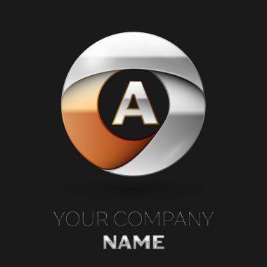 Gerçekçi gümüş harf logo sembol siyah arka plan üzerinde renkli gümüş-altın çember şeklinde. Tasarımınız için vektör şablonu