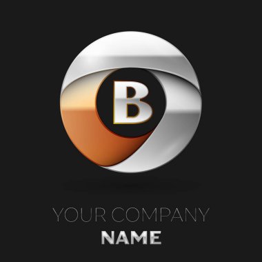 Gerçekçi gümüş mektup B logo sembol siyah arka plan üzerinde renkli gümüş-altın çember şeklinde. Tasarımınız için vektör şablonu