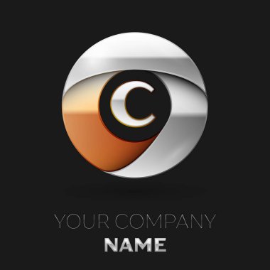 Gerçekçi gümüş harf C logo sembol siyah arka plan üzerinde renkli gümüş-altın çember şeklinde. Tasarımınız için vektör şablonu