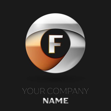 Gerçekçi gümüş harf F logo sembol siyah arka plan üzerinde renkli gümüş-altın çember şeklinde. Tasarımınız için vektör şablonu