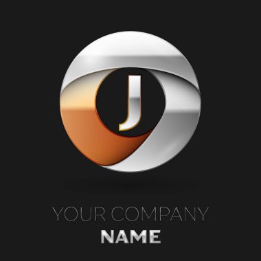 Gerçekçi gümüş harf J logo sembol siyah arka plan üzerinde renkli gümüş-altın çember şeklinde. Tasarımınız için vektör şablonu