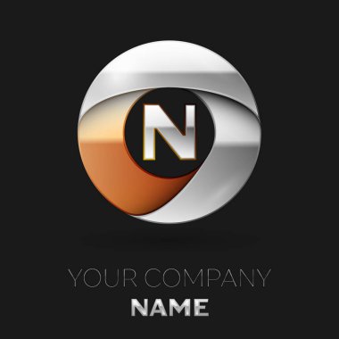 Gerçekçi gümüş harf N logo sembol siyah arka plan üzerinde renkli gümüş-altın çember şeklinde. Tasarımınız için vektör şablonu