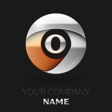 Gerçekçi gümüş harf O logo sembol siyah arka plan üzerinde renkli gümüş-altın çember şeklinde. Tasarımınız için vektör şablonu