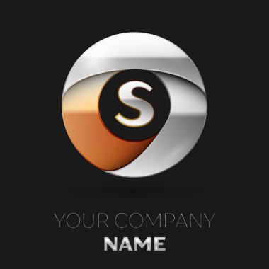 Gerçekçi gümüş harf S logo sembol siyah arka plan üzerinde renkli gümüş-altın çember şeklinde. Tasarımınız için vektör şablonu