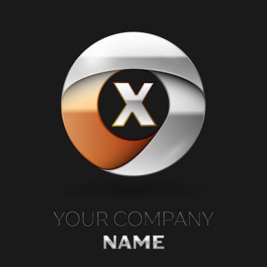 Gerçekçi gümüş harf X logo sembol siyah arka plan üzerinde renkli gümüş-altın çember şeklinde. Tasarımınız için vektör şablonu