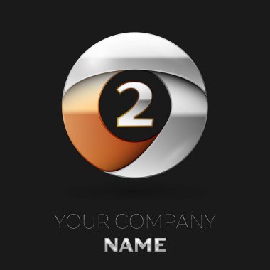 Gerçekçi gümüş iki numara logo sembol siyah arka plan üzerinde renkli gümüş-altın çember şeklinde. Tasarımınız için vektör şablonu