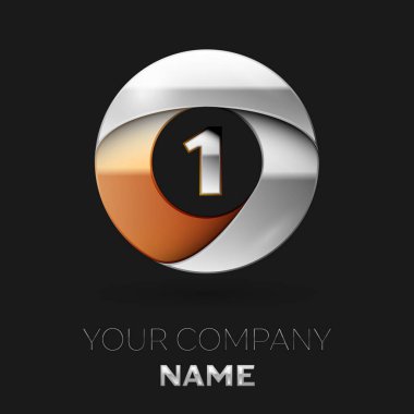 Gerçekçi gümüş bir logo sembol siyah arka plan üzerinde renkli gümüş-altın çember şeklinde. Tasarımınız için vektör şablonu