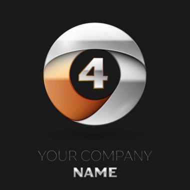 Gerçekçi gümüş dört numara logo sembol siyah arka plan üzerinde renkli gümüş-altın çember şeklinde. Tasarımınız için vektör şablonu